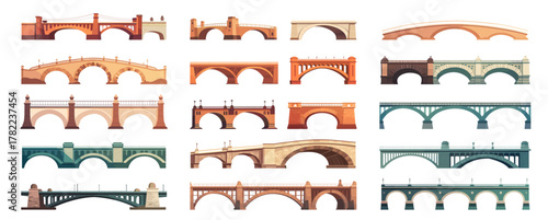 Bridges cartoon set. Arched bridge, stone beam metal structure side view building urban architecture engineering design vector illustration