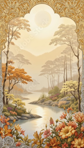 Serene Landscape View Through Ornate Archway Nature Illustration