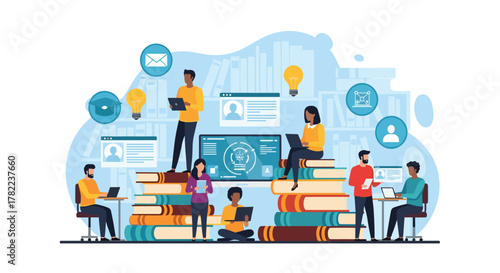 Diverse team collaborates on innovative ideas using laptops and digital interfaces surrounded by knowledge resources and lightbulbs