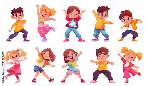 Dancing kids cartoon set. Boy girl moving, fun active child playing bright vector illustration