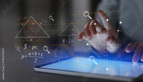 Interactive Mathematical Formulas and Geometry Diagrams Projected on Digital Tablet.