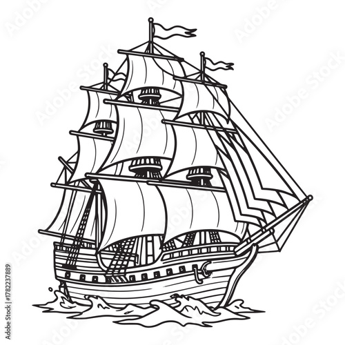 Detailed black and white illustration of a majestic tall ship sailing on choppy waves under full sail