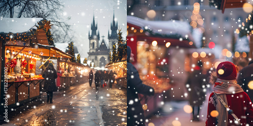 Christmas market snowfall scene, Festive street with snow, Winter holiday shopping vibes