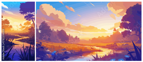 Forest at sunset background. Natural landscape set, pond trees clouds sun purple orange color vector illustration