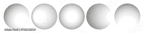 Noise spray spheres set. 3D orbs gradient with dots. Set of round grain effect. Dot dissolve texture. Gray stipple vector pattern