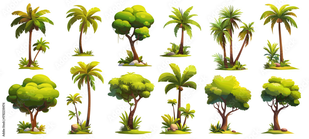 Fototapeta premium Palms cartoon set. Tropical trees, palm jungle island summer green decor vacation tropics element landscape vector illustration