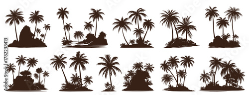 Palm tree silhouette set. Tropical island silhouette, decor map vacation summer landscape vector illustration