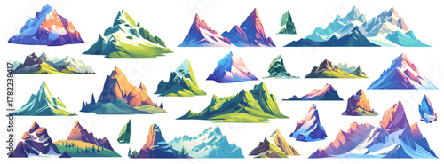Mountain cartoon set. Green snowy mountain rock, nature tourism hike climbing mountaineering Everest Elbrus element map landscape vector illustration