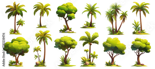 Palms cartoon set. Tropical trees, palm jungle island summer green decor vacation tropics element landscape vector illustration