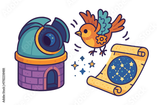 Stylized astronomical observatory dome next to a whimsical flying bird and a celestial map scroll