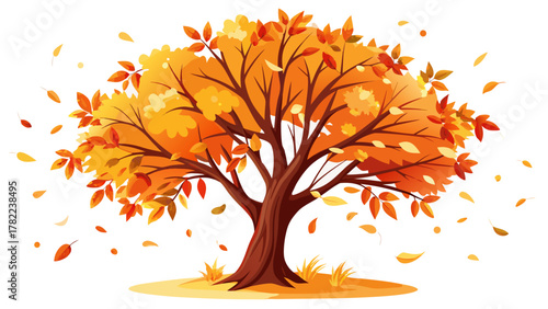 Very beautiful autumn tree with falling leaves on a clean white background, featuring simple natural shapes, warm seasonal colors, and a realistic minimal nature illustration.