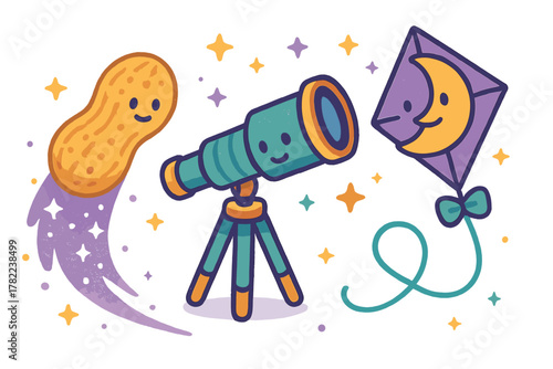 Smiling telescope, flying peanut, and moon kite cartoon characters surrounded by stars