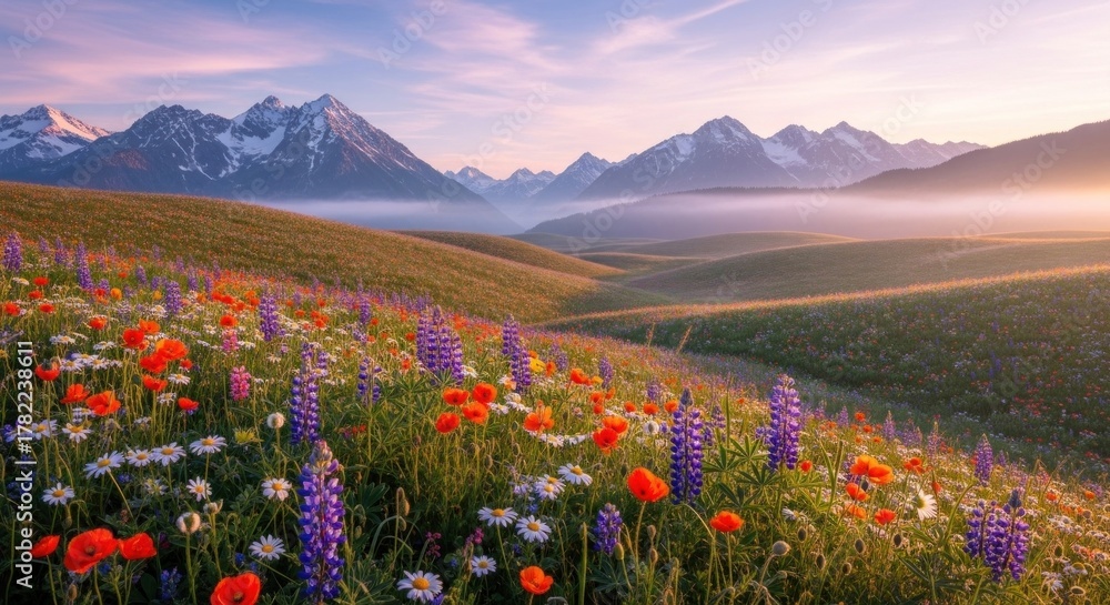 Fototapeta premium Vibrant wildflowers bloom in a field overlooking distant snow-capped mountains at sunrise
