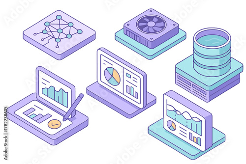 Digital technology and data processing infrastructure concepts in isometric perspective