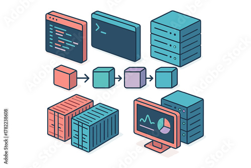 Isometric software development and deployment process diagram showing data flow, servers, containers, and code interfaces