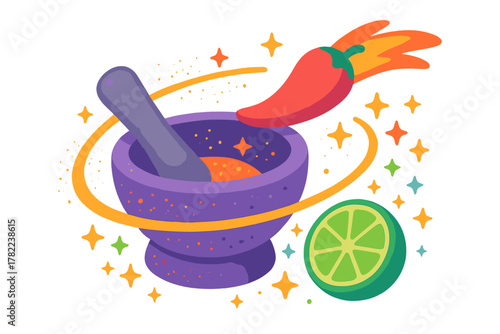 Whimsical purple mortar and pestle grinding spicy ingredients with chili and lime