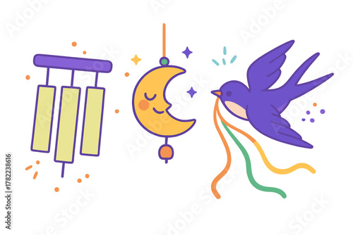 Cute stylized wind chime, sleeping moon charm, and flying swallow bird holding colorful ribbons