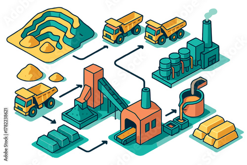 Isometric flow diagram showing the industrial process of mining, crushing, refining, and metal production