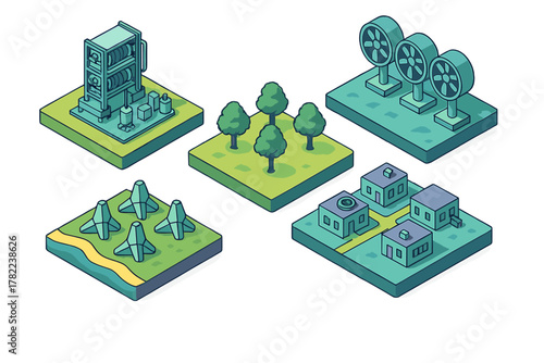 Isometric modular elements for urban planning featuring technology, nature, and residential areas