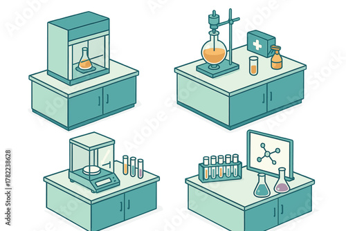 Isometric chemistry laboratory work stations featuring scientific apparatus and research instruments