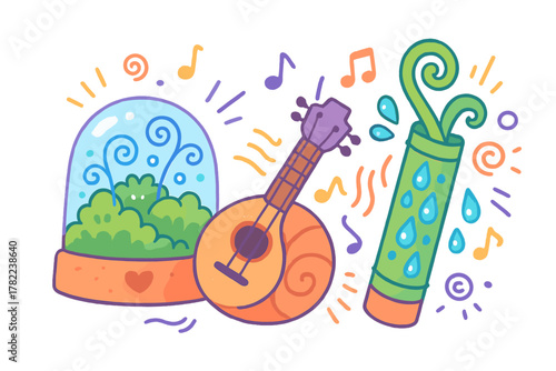 Whimsical abstract scene featuring a plant dome, snail mandolin, water element, and musical notes