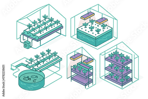 Modern indoor farming systems: hydroponics, aquaponics, and vertical gardening setups