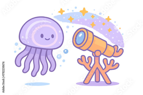 Purple jellyfish floating beside orange telescope observing cosmic stars