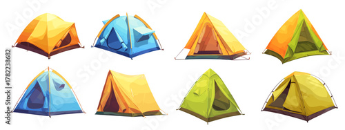 Tents set cartoon. Yellow blue green camping tent, tourism nature summer hike camping symbol vector illustration