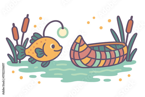 Cute cartoon anglerfish swimming near a colorful woven boat and cattails