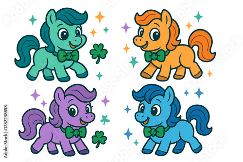 Adorable set of four colorful cartoon ponies wearing green shamrock bow ties and surrounded by sparkles