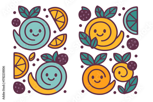 Abstract swirling fruit characters smiling among citrus wedges and dark berries