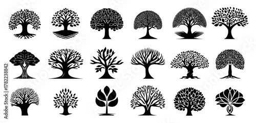 Trees sign set. Tree logo monochrome, plant symbol prosperity design branches foliage element vector illustration