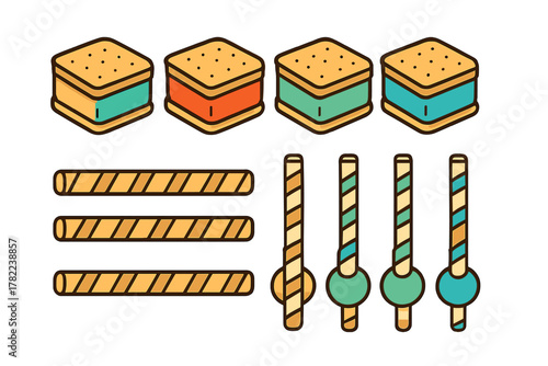 Isometric sweet treats featuring square ice cream sandwiches and crispy wafer sticks