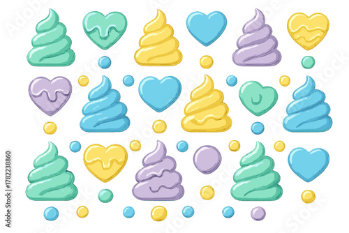 Pastel confectionery design with whipped cream swirls and dripping heart candies