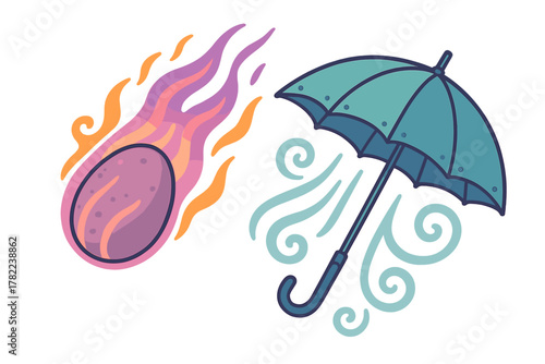 Purple meteor falling from space next to a teal umbrella struggling against strong wind