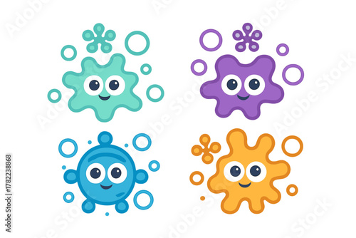Set of four cute colorful cartoon germ characters and funny microbe mascots for kids