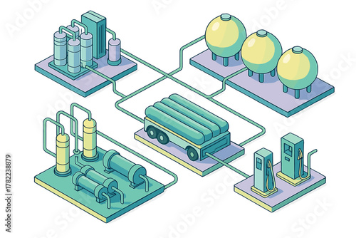 Industrial gas production and distribution network flow diagram isometric view
