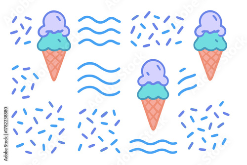 Seamless pattern of sweet double scoop ice cream cones and abstract blue sprinkle shapes
