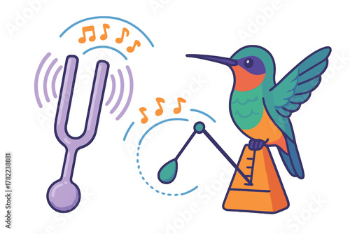 Colorful hummingbird perched on a metronome next to a vibrating tuning fork and musical notes