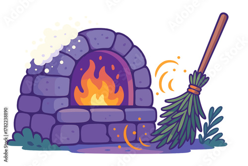 Traditional Russian banya stone stove with burning fire and steaming bath broom for sauna ritual