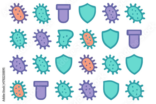 Seamless repeating background with stylized microorganisms, protective shields, and test tubes