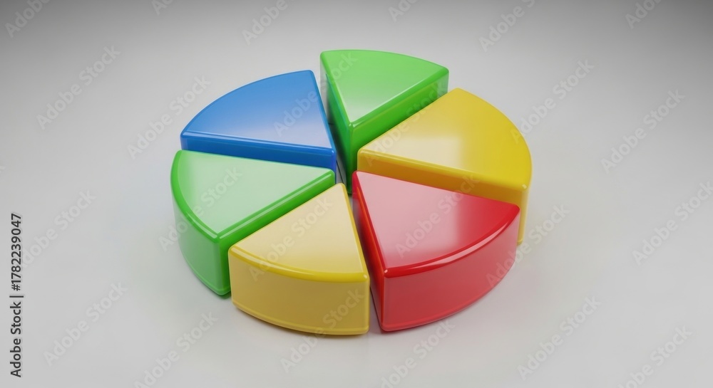 Obraz premium Vivid 3D pie chart, segments colored red, yellow, green, and blue, set against a white backdrop