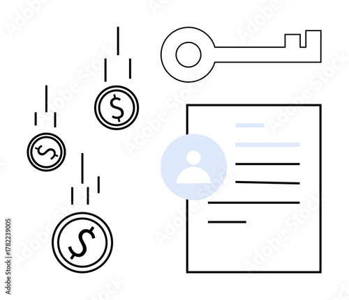 Key, falling dollar coins, and person-focused document representing access, finance, security, personal identity, key resources, digital economy economic success. Ideal for financial management