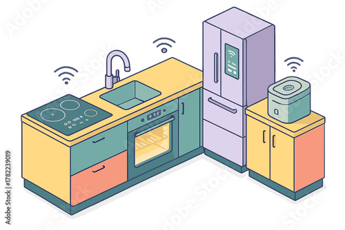 Isometric colorful smart kitchen setup with connected appliances and IoT technology
