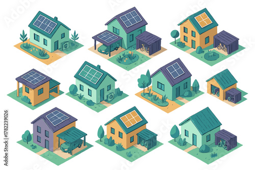 Isometric set of sustainable residential buildings featuring rooftop solar energy panels