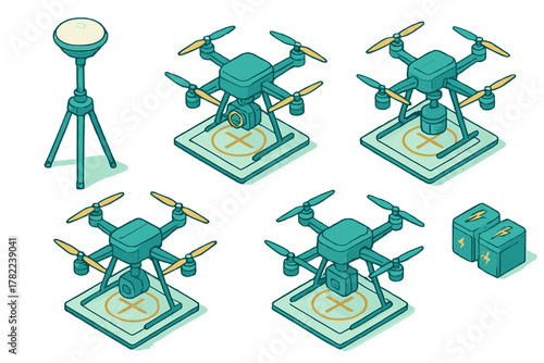 Collection of isometric quadcopter drones with interchangeable payloads and accessories