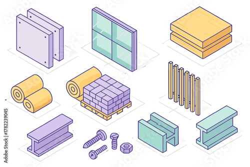 Isometric set of construction materials including metal beams, insulation, wood planks, bricks, and window