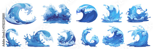 Waves cartoon set. Blue wave, splash water crest liquid element decor surfing sea vacation vector illustration
