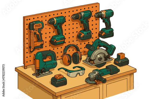 Cordless power tools and safety equipment displayed on a workshop workbench with orange pegboard background