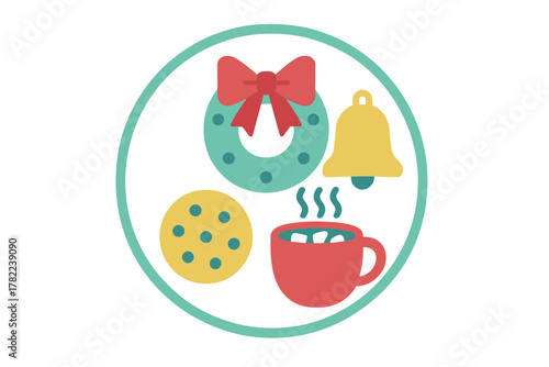 Classic winter holiday symbols collection featuring a decorative wreath, ringing bell, sweet cookie, and hot chocolate mug